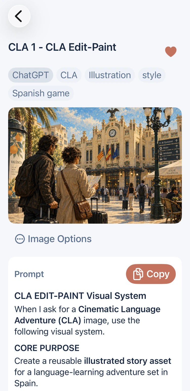 My Prompts screen showing a saved prompt with its tags, the illustration it produced, and the prompt text with a Copy button.