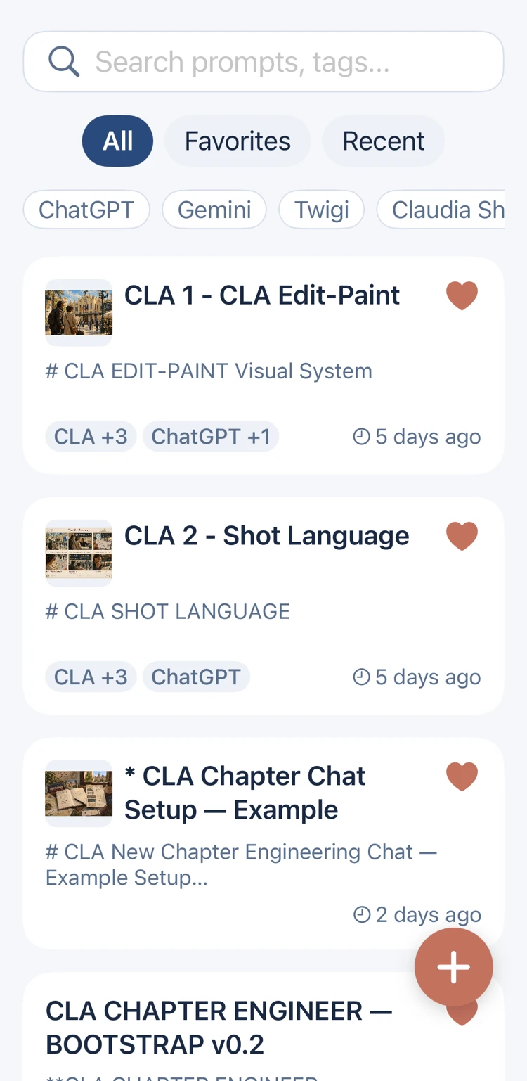 My Prompts library screen with search, filters, tool tags, and a list of saved prompts.