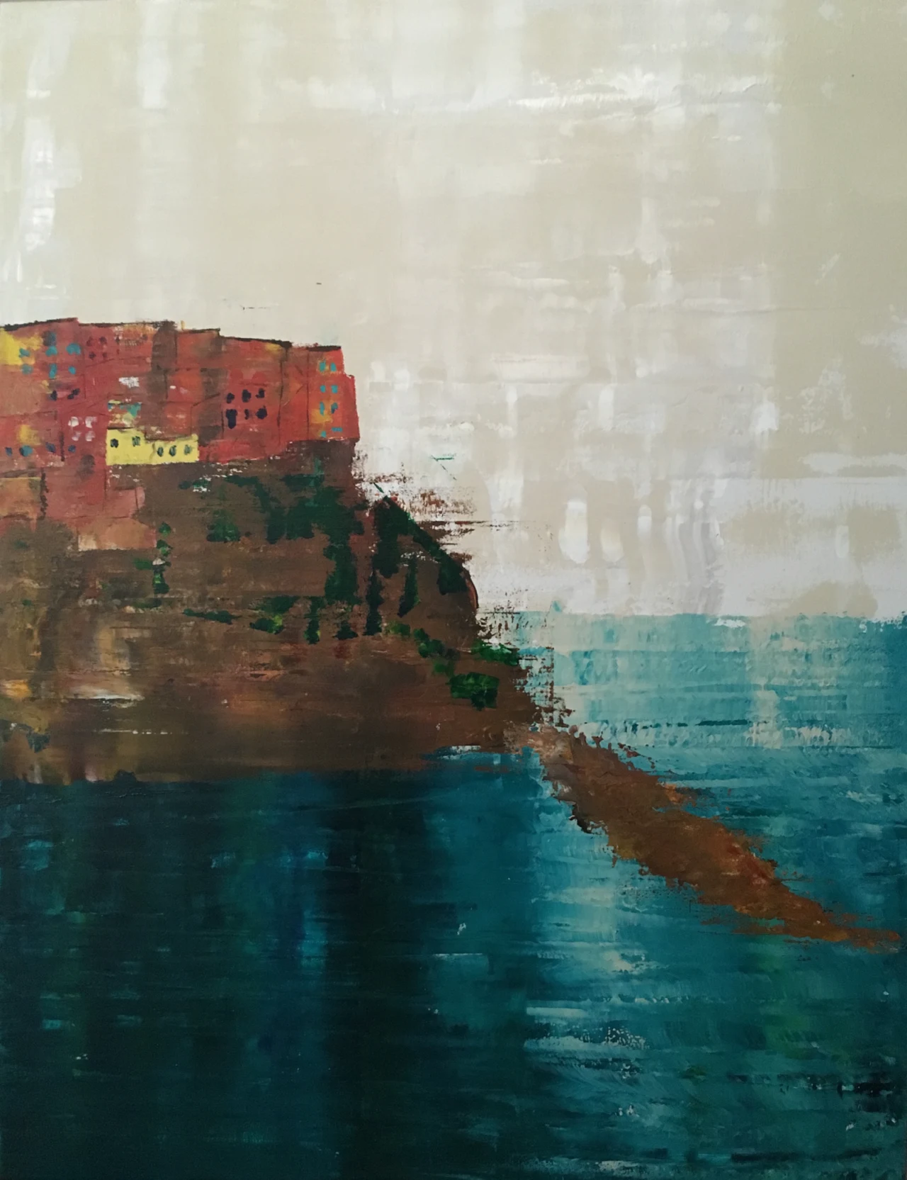 A SivertsenArt painting: a clifftop village in terracotta, ochre, and yellow above a deep teal sea, under a pale, textured sky.